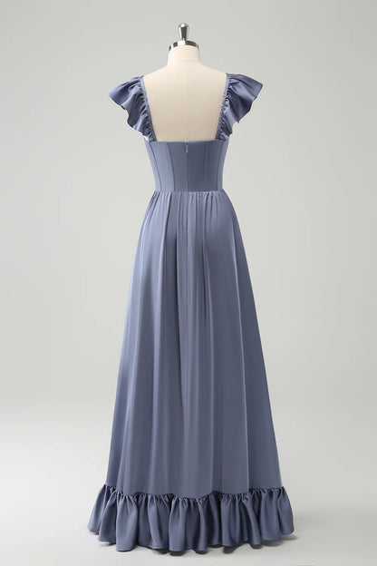 A Line Satin Corset Detachable Straps Long Bridesmaid Dress with Slit