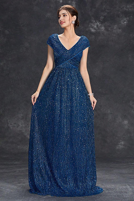 Sparkly Grey Blue A-Line V-Neck Long Maxi Mother of the Bride Dress With Pleated