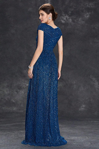 Sparkly Grey Blue A-Line V-Neck Long Maxi Mother of the Bride Dress With Pleated