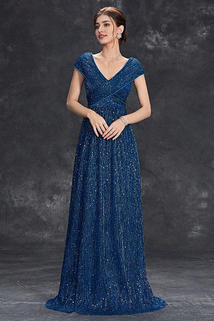 Sparkly Grey Blue A-Line V-Neck Long Maxi Mother of the Bride Dress With Pleated