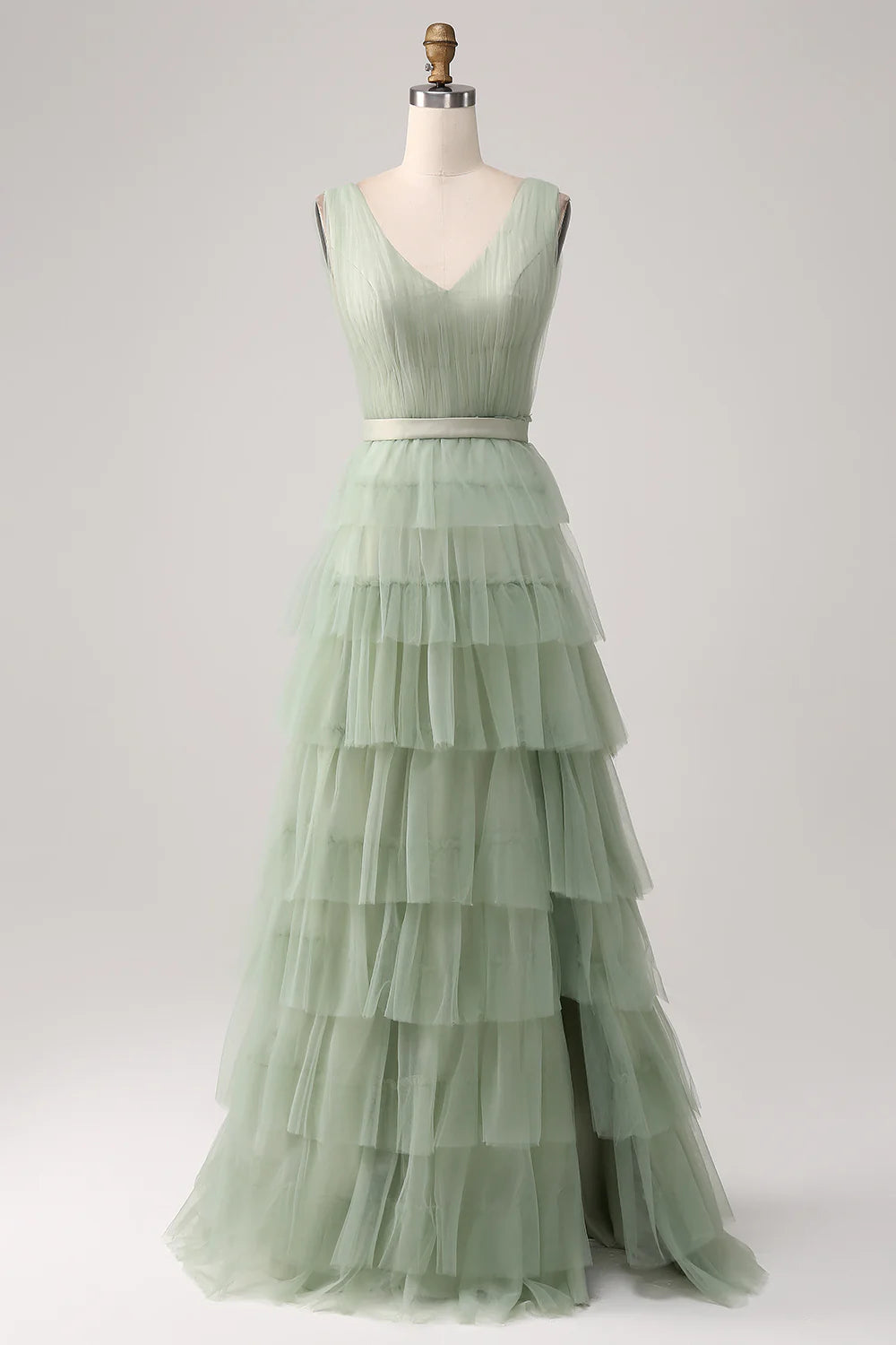 A-Line V Neck Tiered Floor Length Tulle Maxi Dress With Slit