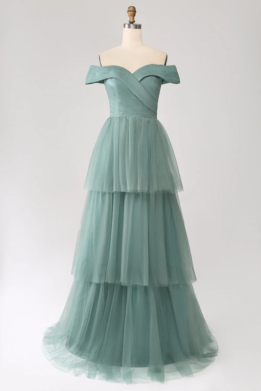 A-Line Off The Shoulder Pleated Tiered Maxi Dress