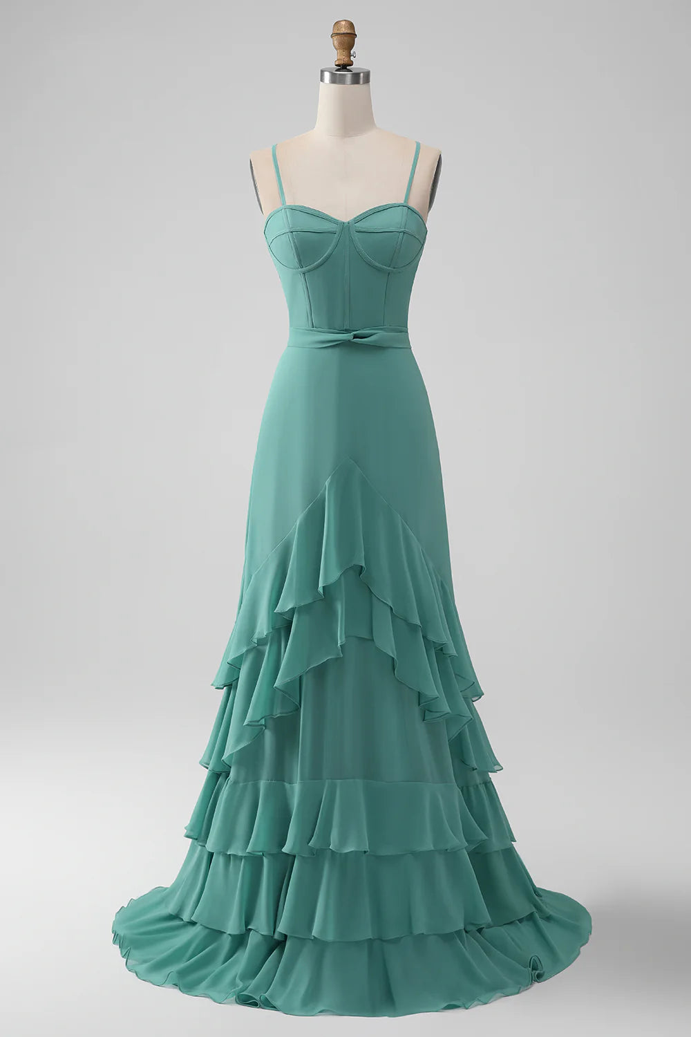 A-Line Spaghetti Straps Tiered Chiffon Long Bridesmaid Dress