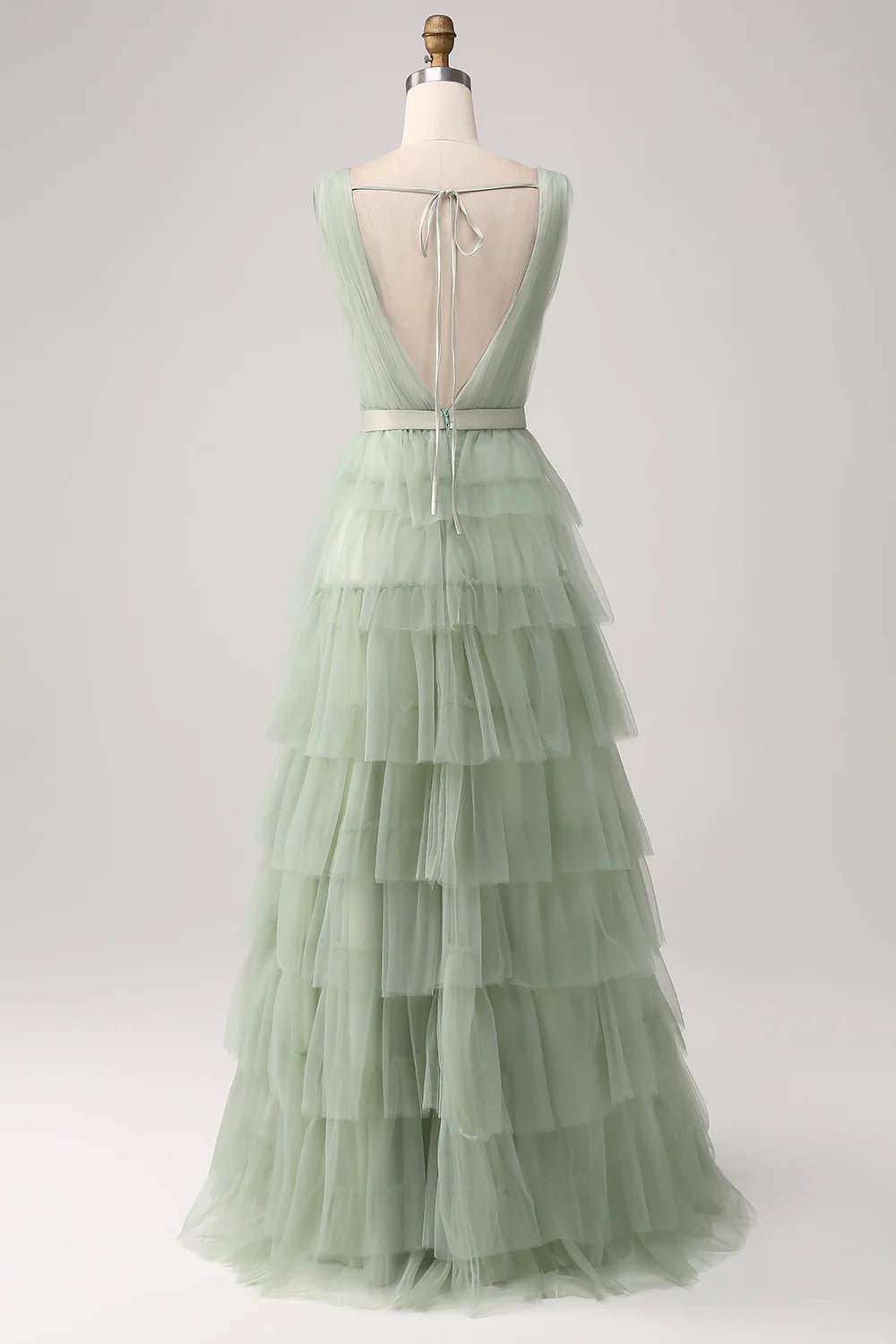 A-Line V Neck Tiered Floor Length Tulle Maxi Dress With Slit