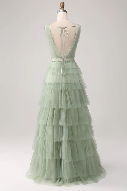 A-Line V Neck Tiered Floor Length Tulle Maxi Dress With Slit