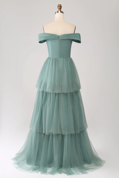 A-Line Off The Shoulder Pleated Tiered Maxi Dress