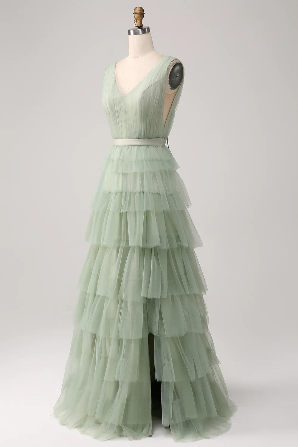 A-Line V Neck Tiered Floor Length Tulle Maxi Dress With Slit
