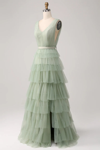 A-Line V Neck Tiered Floor Length Tulle Maxi Dress With Slit