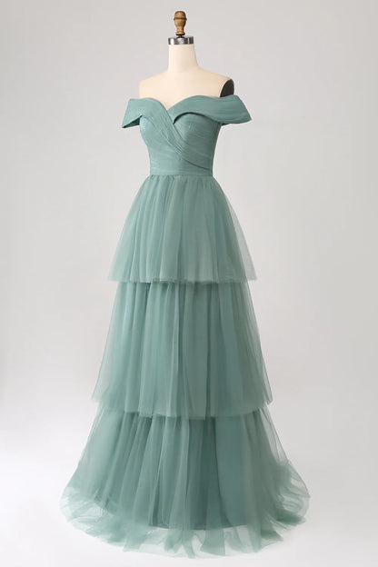 A-Line Off The Shoulder Pleated Tiered Maxi Dress