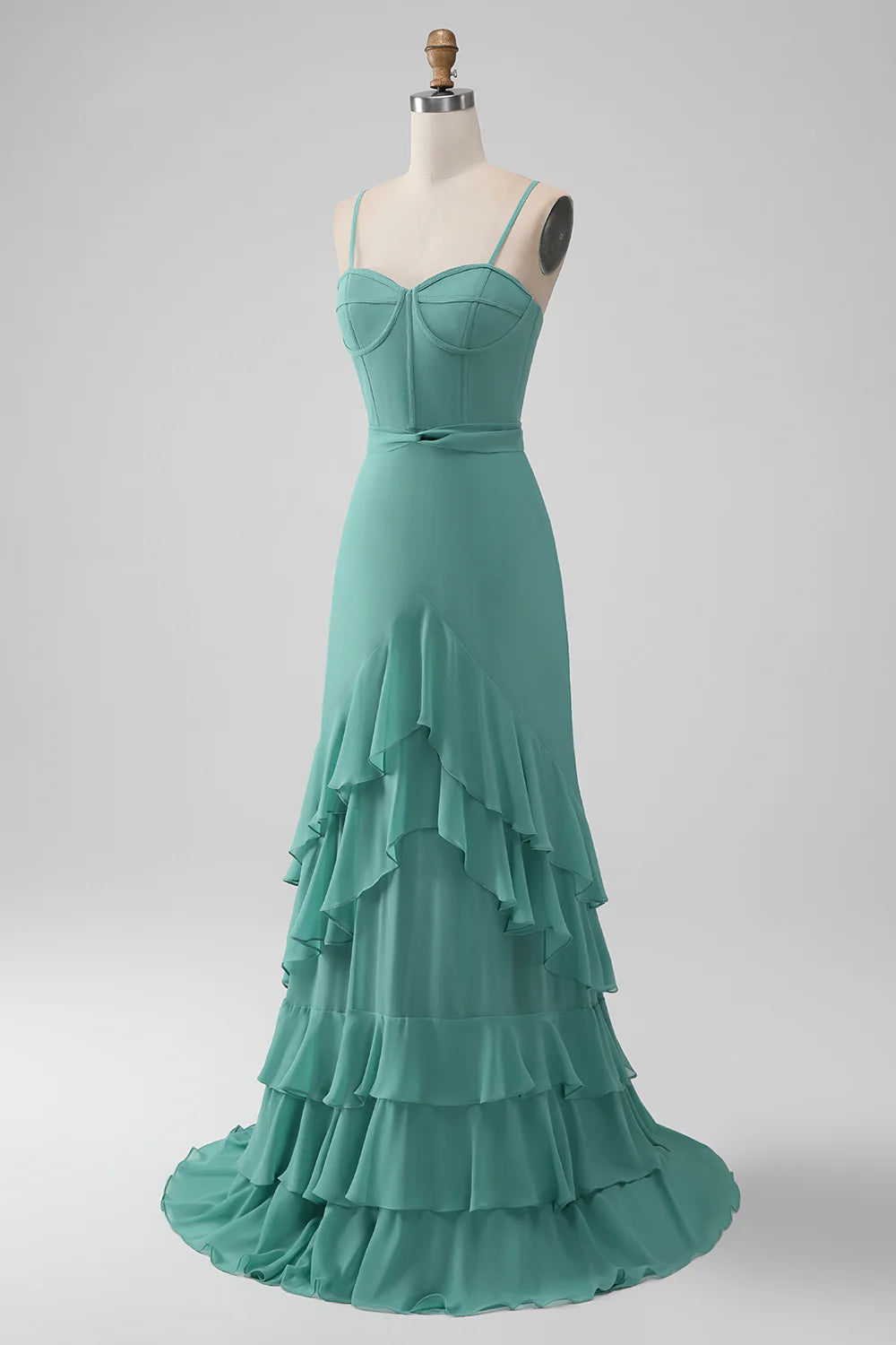 A-Line Spaghetti Straps Tiered Chiffon Long Bridesmaid Dress
