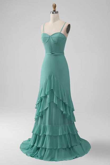 A-Line Spaghetti Straps Tiered Chiffon Long Bridesmaid Dress