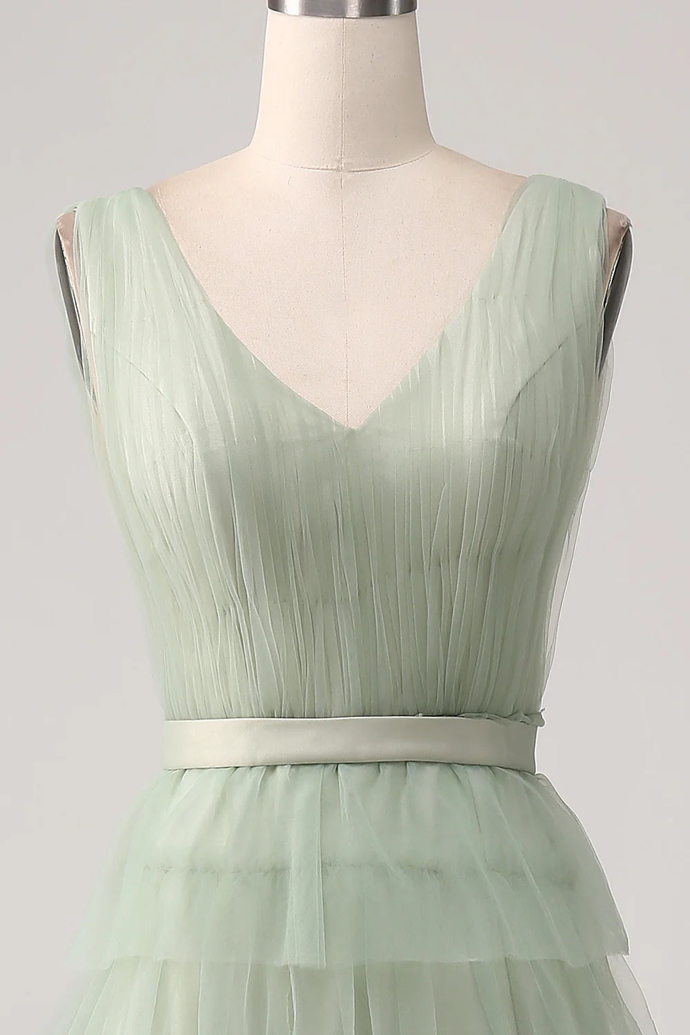 A-Line V Neck Tiered Floor Length Tulle Maxi Dress With Slit