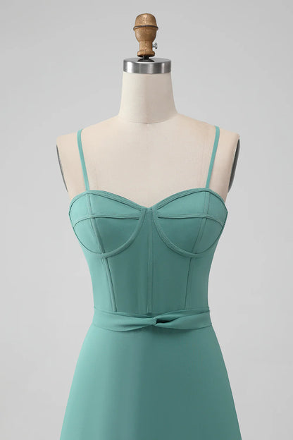 A-Line Spaghetti Straps Tiered Chiffon Long Bridesmaid Dress