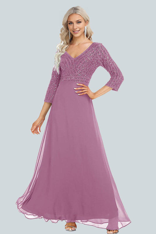 Women's Chiffon Double V-neck A-line Sequin Splicing Mother of the Bride Dress