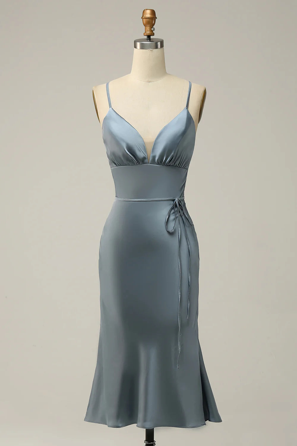 Sheath Spaghetti Straps Satin Midi Bridesmaid Dress