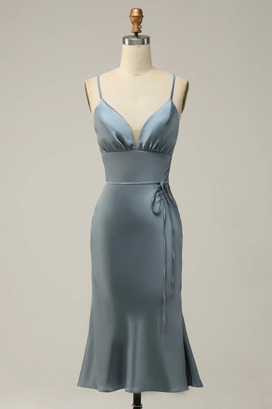 Sheath Spaghetti Straps Satin Midi Bridesmaid Dress