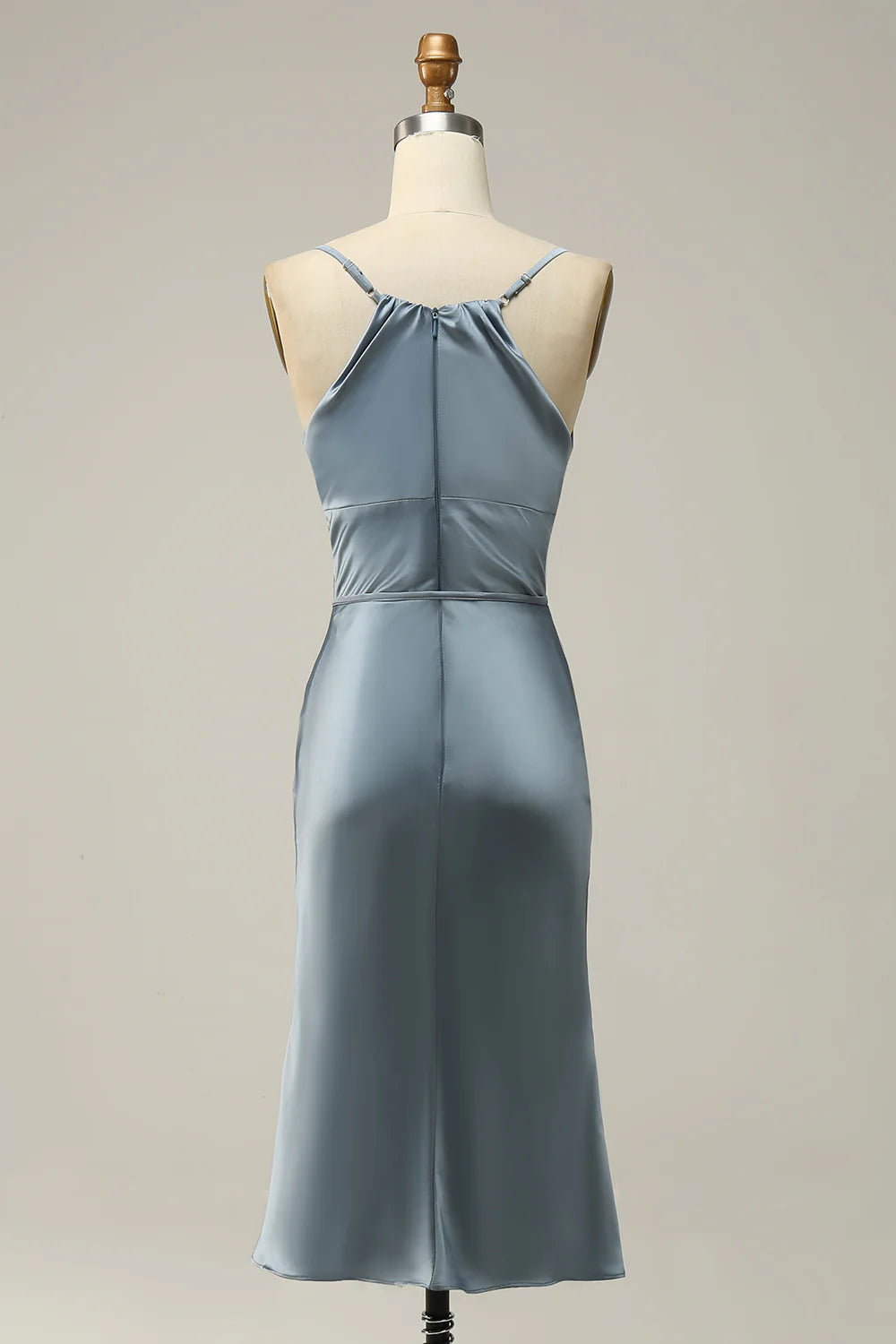 Sheath Spaghetti Straps Satin Midi Bridesmaid Dress