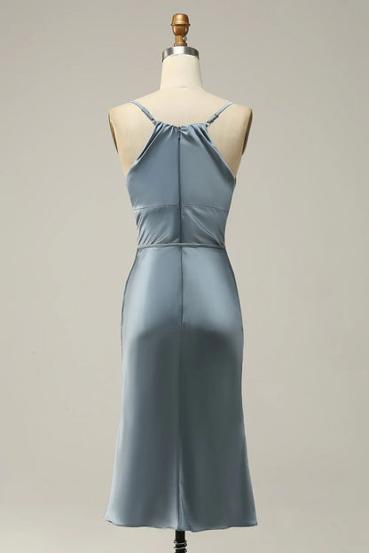 Sheath Spaghetti Straps Satin Midi Bridesmaid Dress