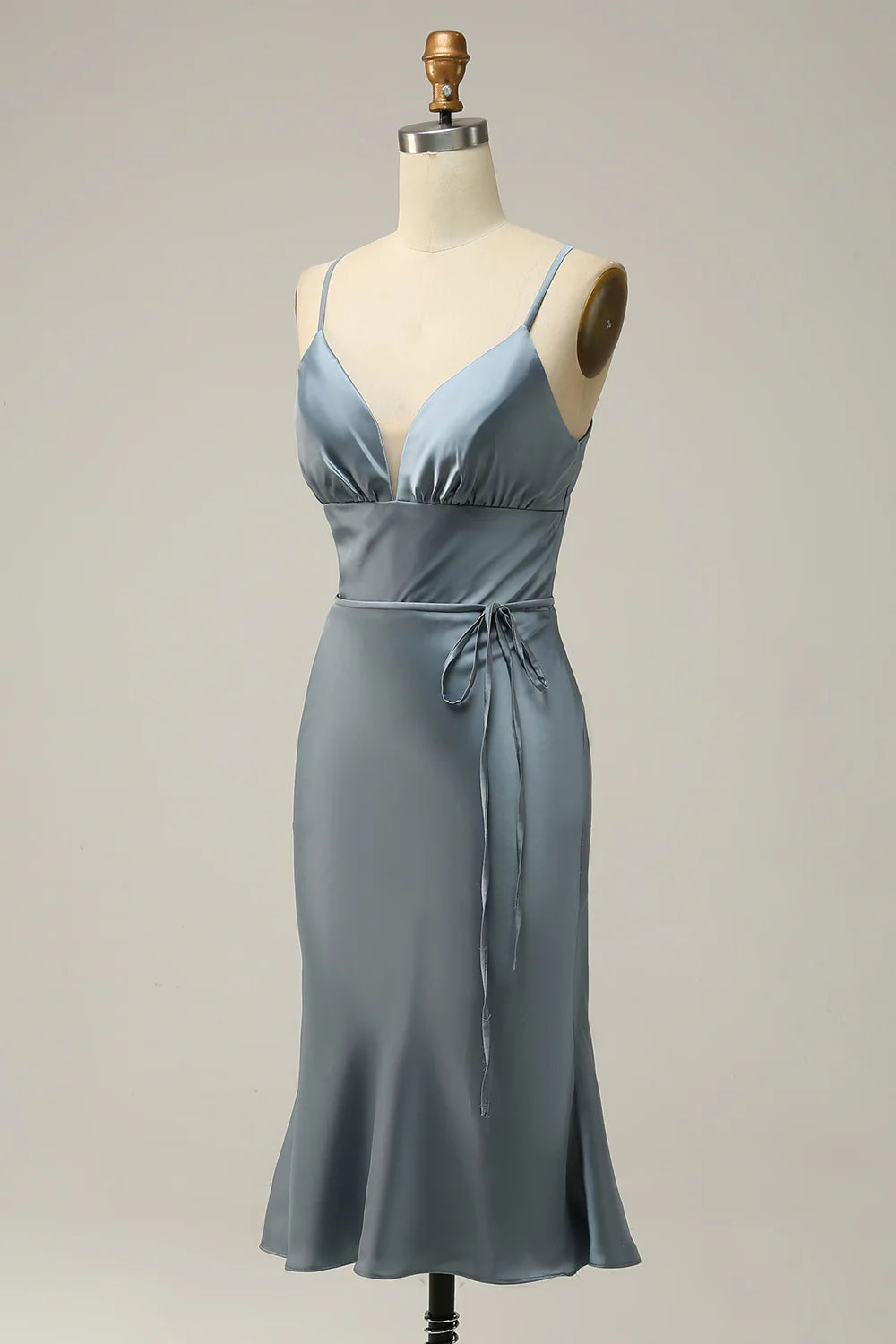 Sheath Spaghetti Straps Satin Midi Bridesmaid Dress