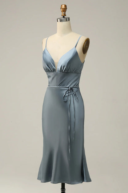 Sheath Spaghetti Straps Satin Midi Bridesmaid Dress