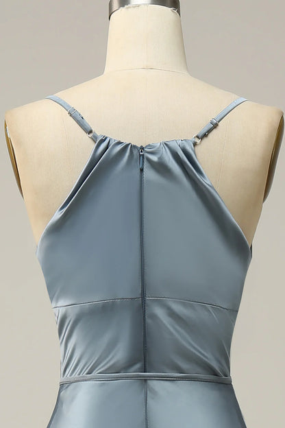 Sheath Spaghetti Straps Satin Midi Bridesmaid Dress