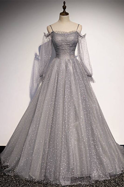 Long Sleeves Shiny Grey Starry Formal Dress