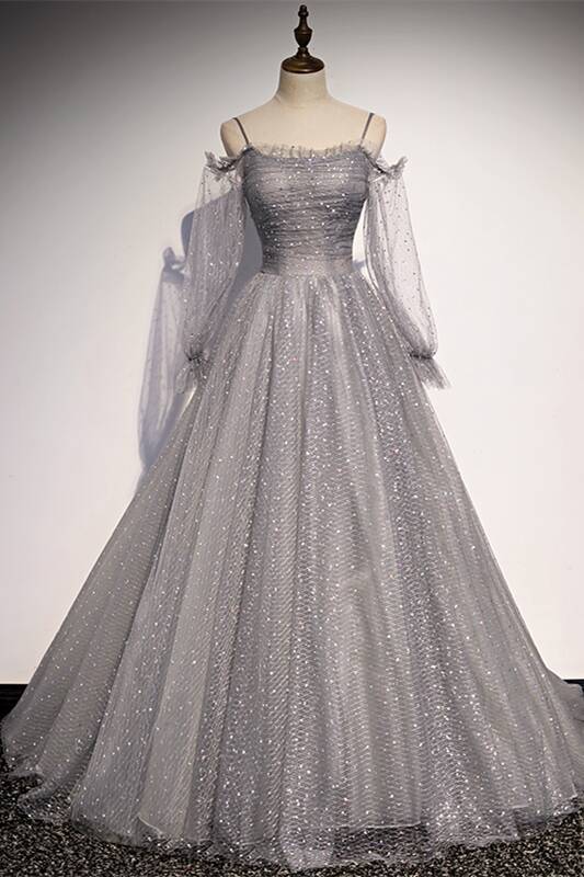 Long Sleeves Shiny Grey Starry Formal Dress