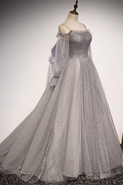 Long Sleeves Shiny Grey Starry Formal Dress