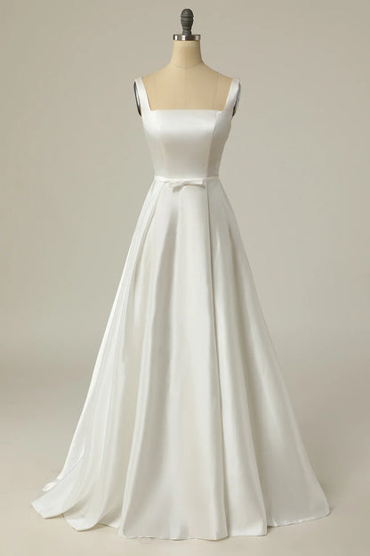 A Line Square Neck White Long Wedding Dress