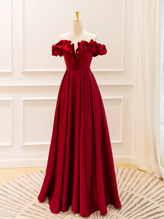 A-Line Off Shoulder Satin Burgundy Long Evening Dress Burgundy Evening Dresses