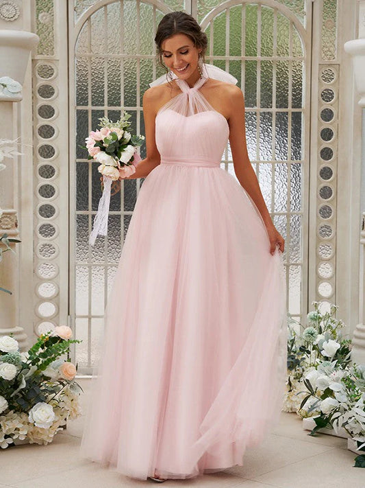 Open back A-line sheer pink bridesmaid dress and floor dress with pleats