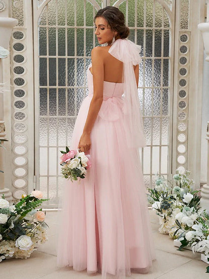 Open back A-line sheer pink bridesmaid dress and floor dress with pleats