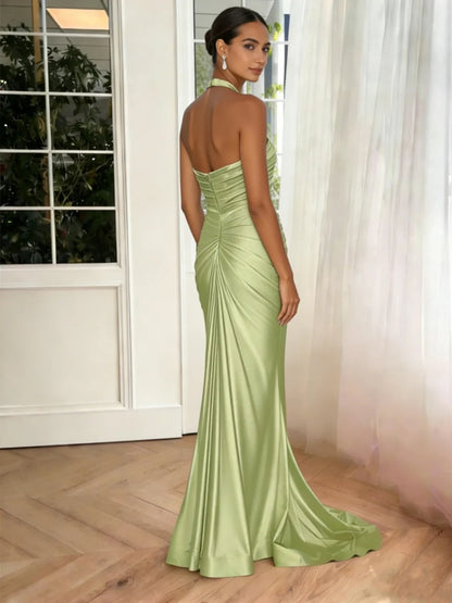 Halter-Neck Cowl Satin Evening Dress with Ruched Bodice, High Thigh Slit & Mermaid Train