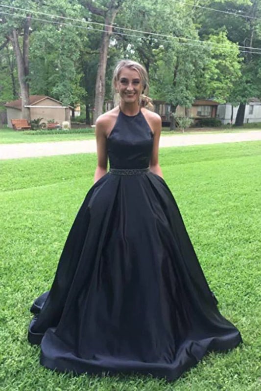 Satin ball dress with beads, long evening dress with pockets