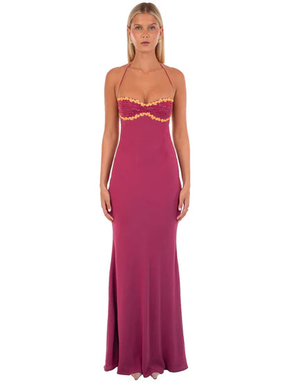 Halter Neck Beaded Bustier Lace Up Back Cutout Magenta Satin Mermaid Maxi Dress