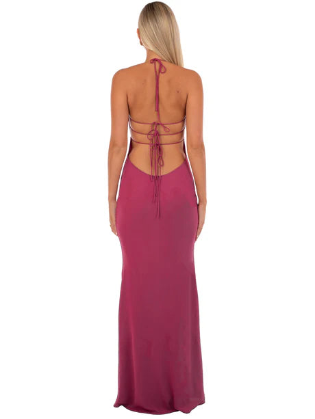 Halter Neck Beaded Bustier Lace Up Back Cutout Magenta Satin Mermaid Maxi Dress
