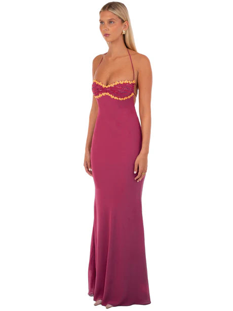 Halter Neck Beaded Bustier Lace Up Back Cutout Magenta Satin Mermaid Maxi Dress
