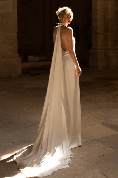 Halter Neck Ivory Satin Evening Dresses with Deep V Detail Ruched Waist and Detachable Cape Train