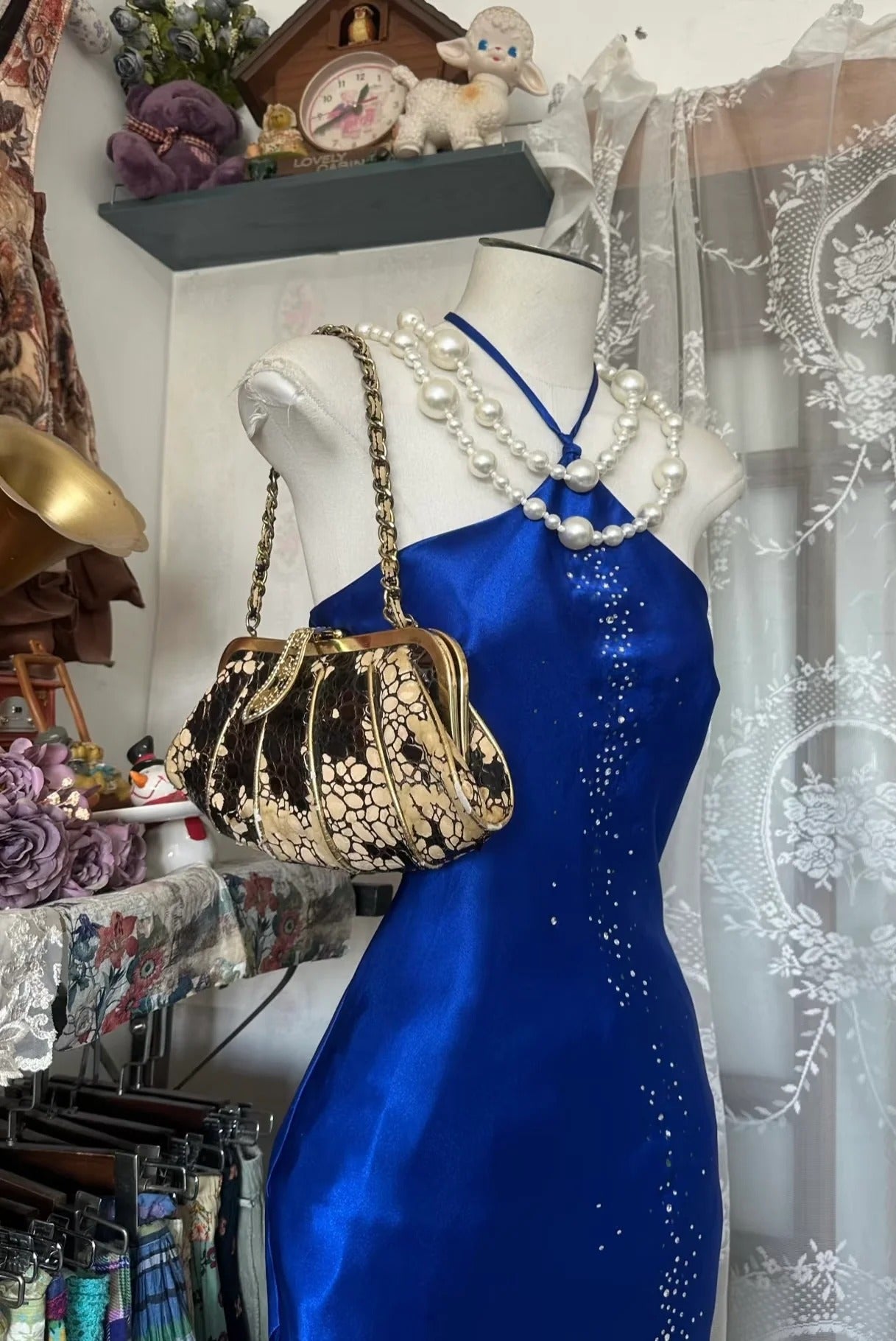 Halter Neck Rhinestone Embellished Satin Mermaid Evening Dress with Back Tie Closure