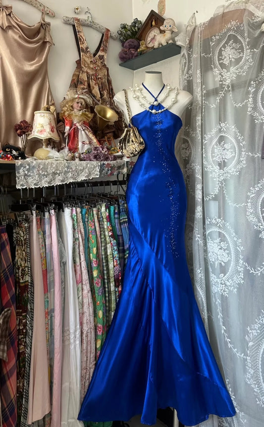 Halter Neck Rhinestone Embellished Satin Mermaid Evening Dress with Back Tie Closure