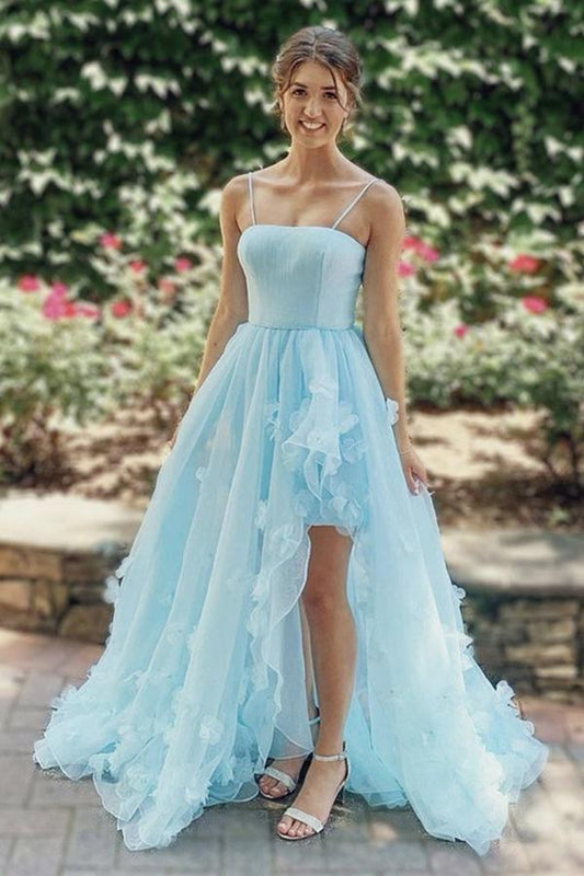 Italian spaghetti strap sheer ball dress paired with 3D floral evening dress