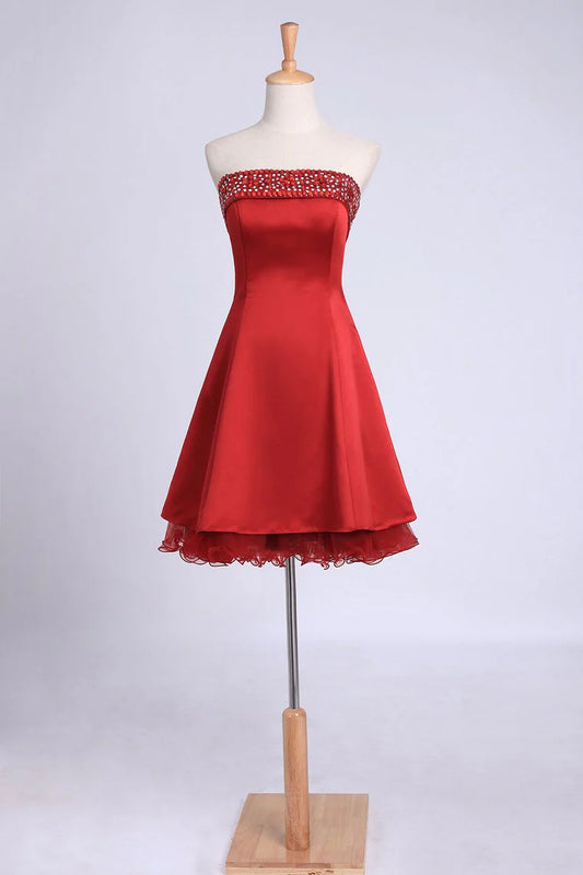 Strapless A-line short mini style with crystal bead satin and sheer dress