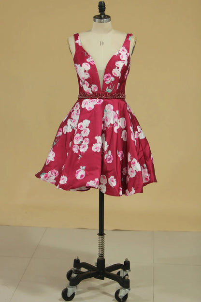 Classic Noble Dress V-neck A-line Short Mini Satin Flower