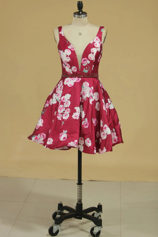 Classic Noble Dress V-neck A-line Short Mini Satin Flower