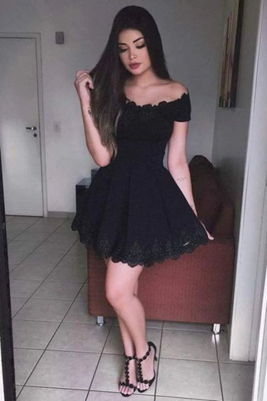 A-line Off Shoulder Black Lace Return Party Cocktail Dress