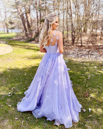 Hot selling lavender spaghetti strap sheer floral dance dress