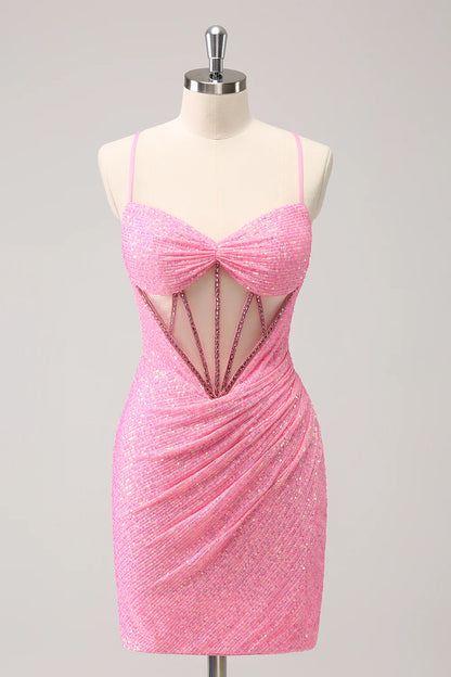 Pink Tight Sequin Corset Homecoming Dress with Lace Up Back