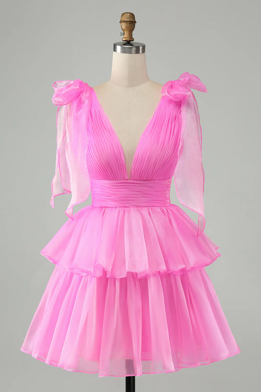 Hot Pink A Line V Neck Backless Pleated Tiered Short Homecoming Dress