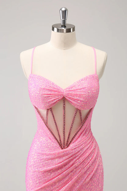 Pink Tight Sequin Corset Homecoming Dress with Lace Up Back