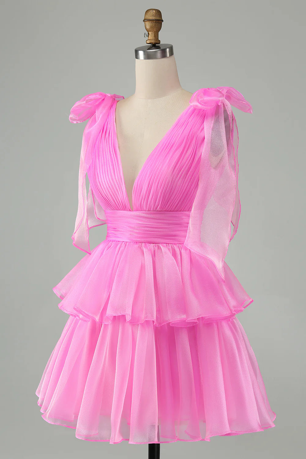 Hot Pink A Line V Neck Backless Pleated Tiered Short Homecoming Dress